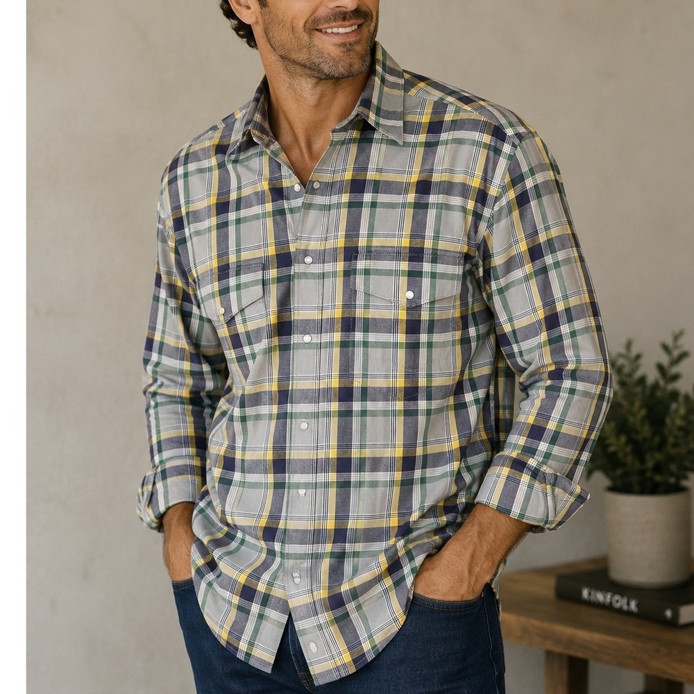 Wrangler Men's Western Plaid Snap Front Shirt Grey Green Yellow Size Med Cowboy